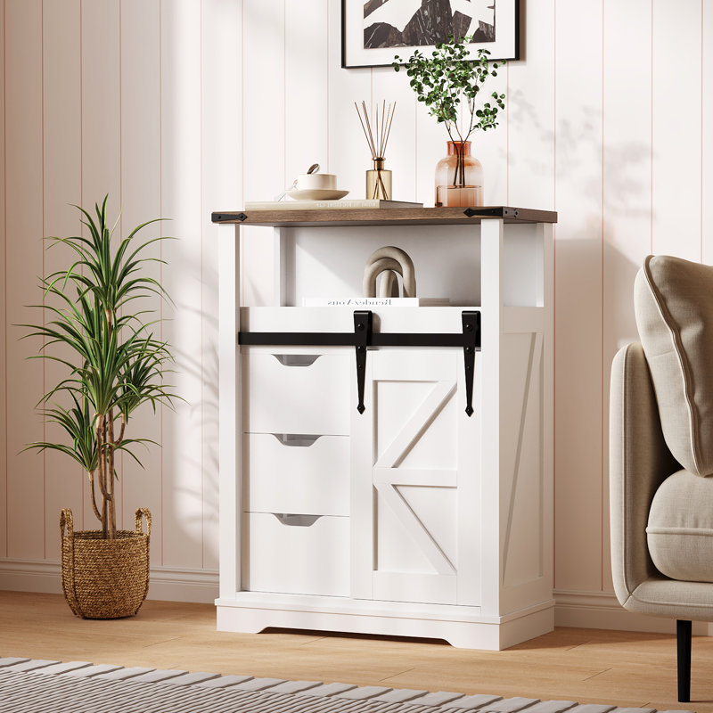 Farmhouse Freestanding Storage Cabinet with Sliding Barn Door and 3 Drawers in White for Bathrooms and Entryways