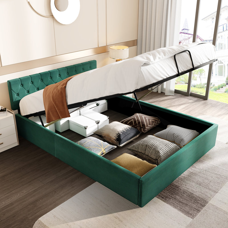 Twilley Upholstered Velvet Lift Up Storage Bed, Green