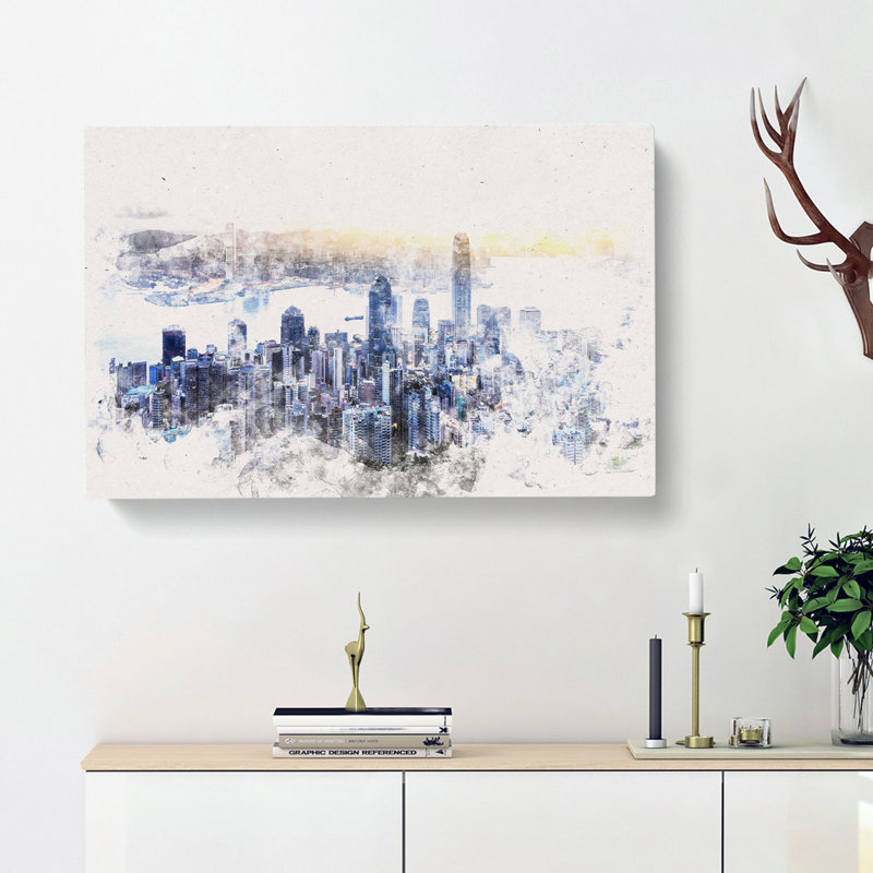 Hong Kong Skyline in China Watercolour - Wrapped Canvas, 35cm H x 50cm W x 3cm D