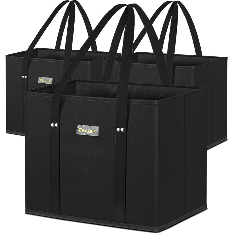 Ensemble de 3 sacs de magasinage réutilisables et pliables avec fond renforcé et poignées, noir
