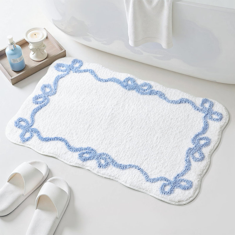  Blue Scalloped Bath Mat - Cute Bow Bathroom Rugs Small Non Slip Bath Mat, Soft & Absorbent Bath Rugs For Bathroom Decor, Tub, Vanity Floor(31x20 Inches)