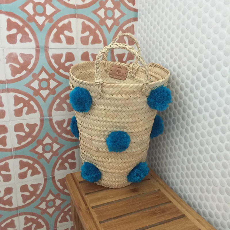 Panier en rotin à motif à pompon d'Othello, Turquoise