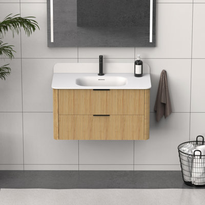 36 in. Golden Oak Fluted Bathroom Vanity with Integrated Sink and Black Hardware