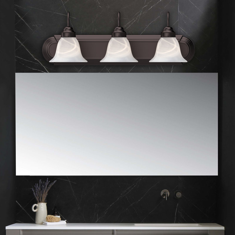Marti 3-Light Indoor Antique Bronze Bath or Vanity Wall Mount with Alabaster Glass Bell Shades