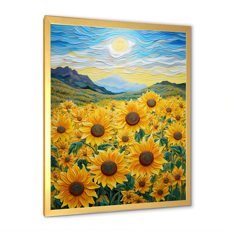 «Vangogh Style Sunflowers Mountains», reproduction sur toile, H 44 po x l 34 po x P 1,5 po, Cadre doré simple