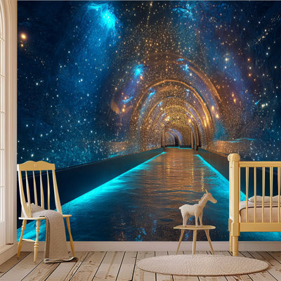 Papier peint adhésif pelez et collez, tunnel étoilé cosmique, néon, bleu, doré, reflets de lumière dorée, auto-adhésif et amovible