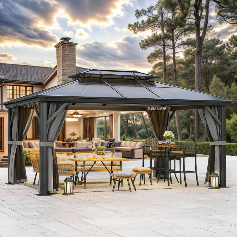 16ft x 12ft Hardtop Canopy Gazebo, Backyard Canopy, Patio Pavilion with Double Layered Curtains, 112.8" H x 192." W x 144" D