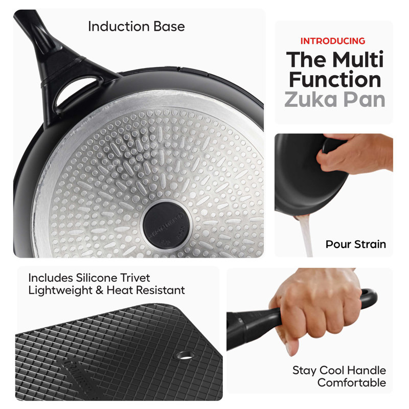 Poêle multifonctionnelle antiadhésive avec couvercle et cuillère en nylon Granitestone Zuka Everyday 8In, Noir