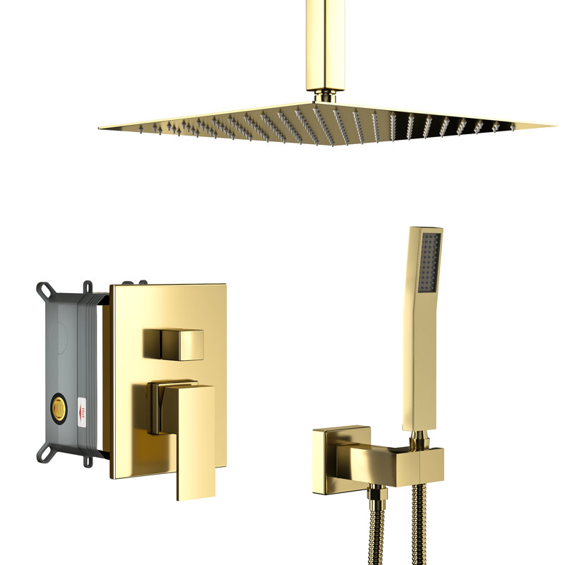 Gold Dual Shower Head - 16 Inch Ceiling Mount Square With And Hose System In Handheld Rainfall Modes, Gold