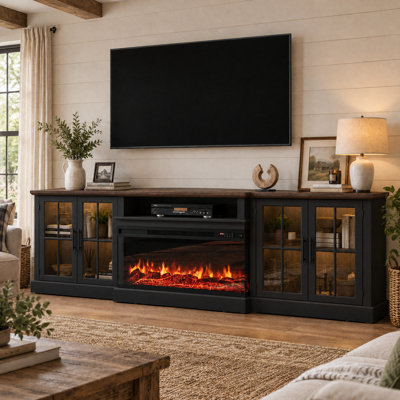 Farmhouse TV Stand with 36" Electric Fireplace and Glass Cabinet