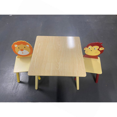 Kids Table and 2 Chairs Set, 3 Pieces Toddler Table and Chair Set, Wooden Activity Play Table Set (Lion&Monkey)