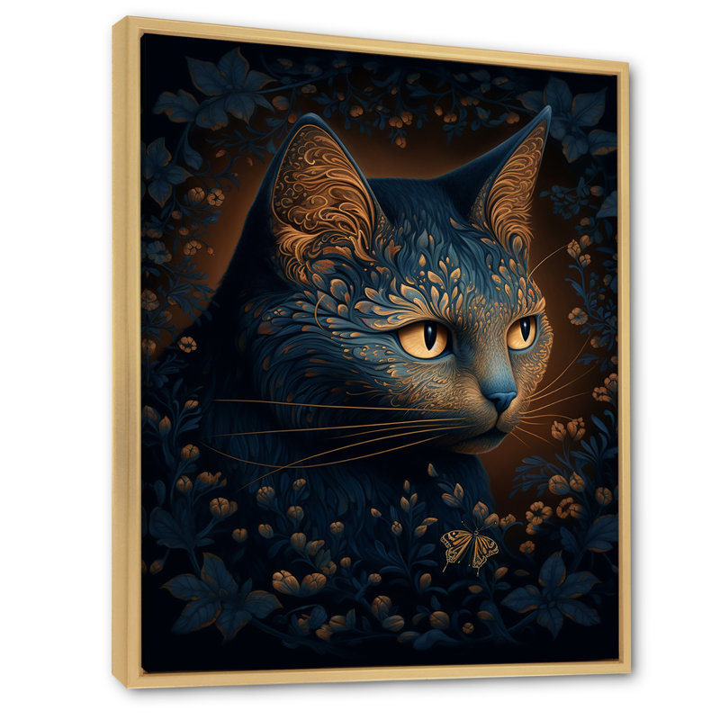 Chat rétro bleu parmi des fleurs I, H 32 po x l 24 po x P 1 po, Cadre naturel flottant