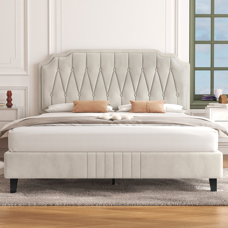 Upholstered Bed Frame with with Diamond Button-Tufted Headboard, Beige, Kingsize (5')