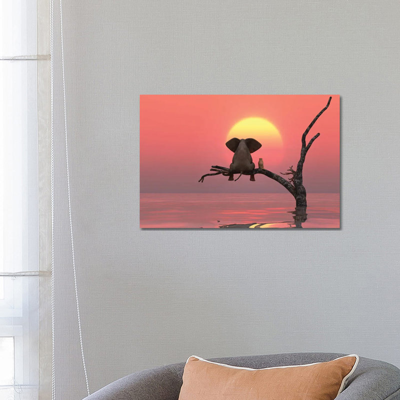 Elephant and Dog Are Sitting on a Tree at Red Sunset 1 Piece Wrapped Canvas Wall Art, 66.04 cm H x 45.72 cm W x 3.175 cm D