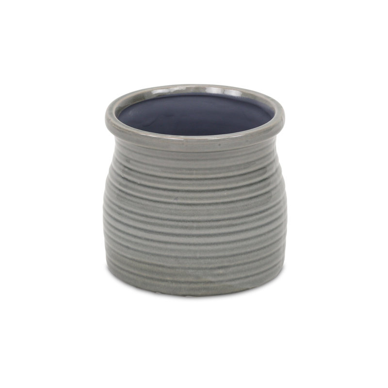 Gray Ceramic 51 Ounce Striped Round Distressed Pot Planter