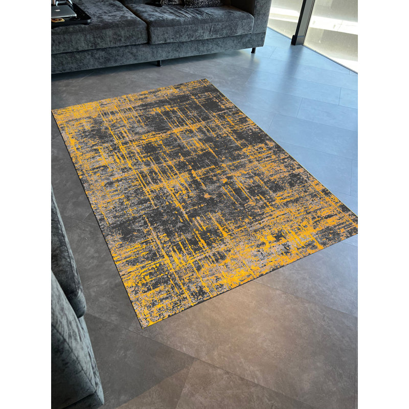 Tapis gris tissé moderne à rayures grises, Rectangle 4 pi 11,06 po x 7 pi 6,55 po
