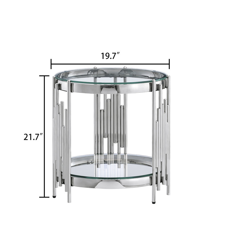 19.7" Wide 2-Tier Round Glass Top End Table Couch Side Table, Clear, Silver