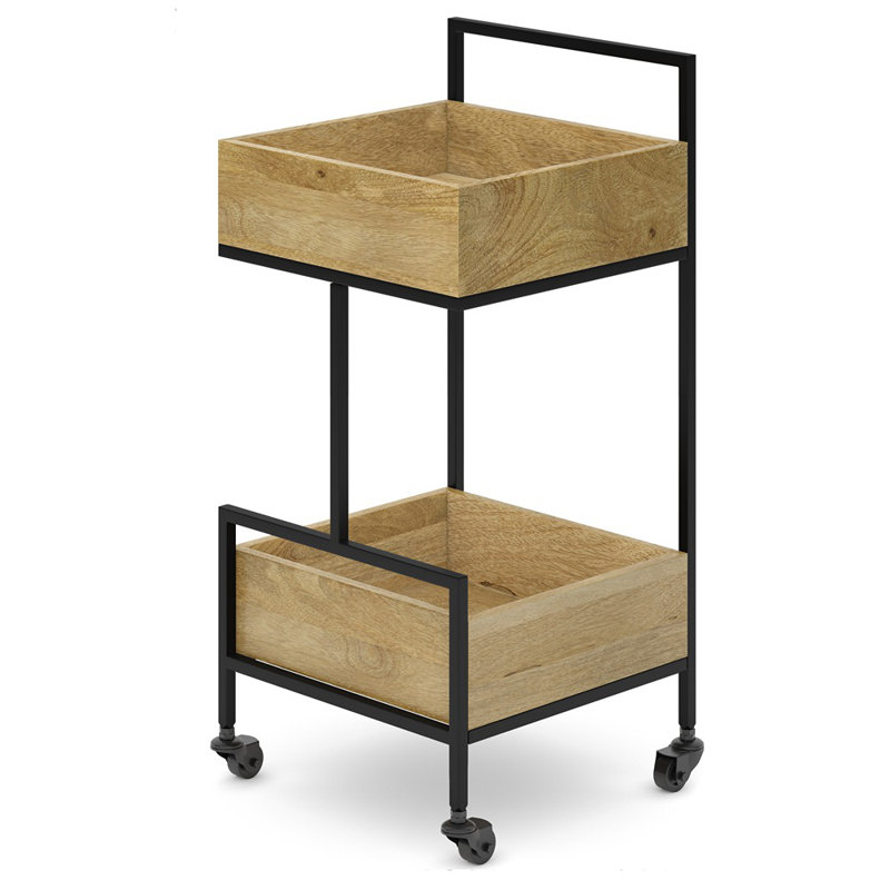Natural Mango Wood and Black Metal Industrial Bar Cart with Storage