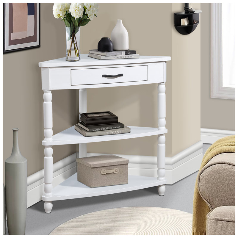 Petite table de coin triangulaire 33,8 po, table de coin en bois pour petits espaces / salon, table de bout à 3 niveaux avec pieds en bois massif, blanc laiteux