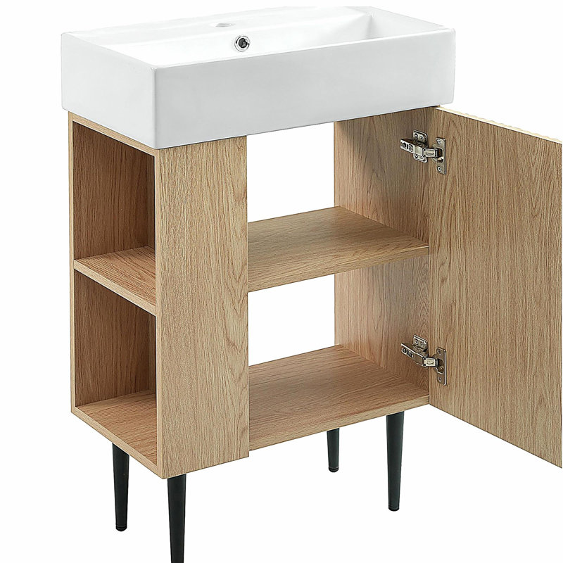 Meuble-lavabo en bois 21,6 po, armoire combinée, meuble de rangement pour salle de bain, lavabo simple en céramique, rangement à gauche