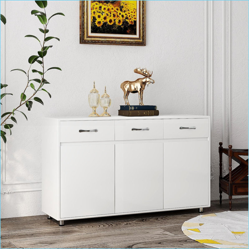 Buffets, armoire de rangement moderne à 3 portes et 3 tiroirs | Panneau de fibres à densité moyenne E1 | Pieds en acier
