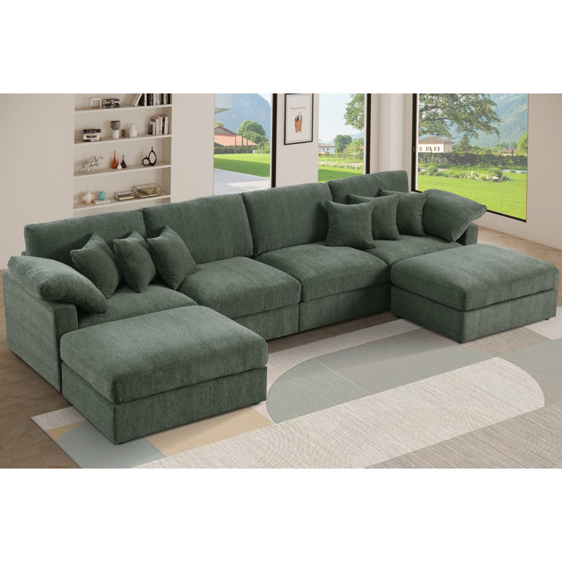 Canapé modulaire en U avec coussins amovibles 6 pièces 145,5 po, Chenille vert 