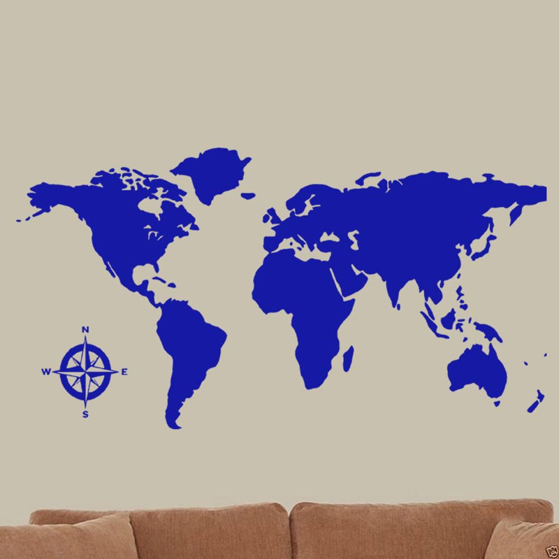 Adhésif décoratif carte du monde en vinyle, Bleu, H 15 po x L 30 po