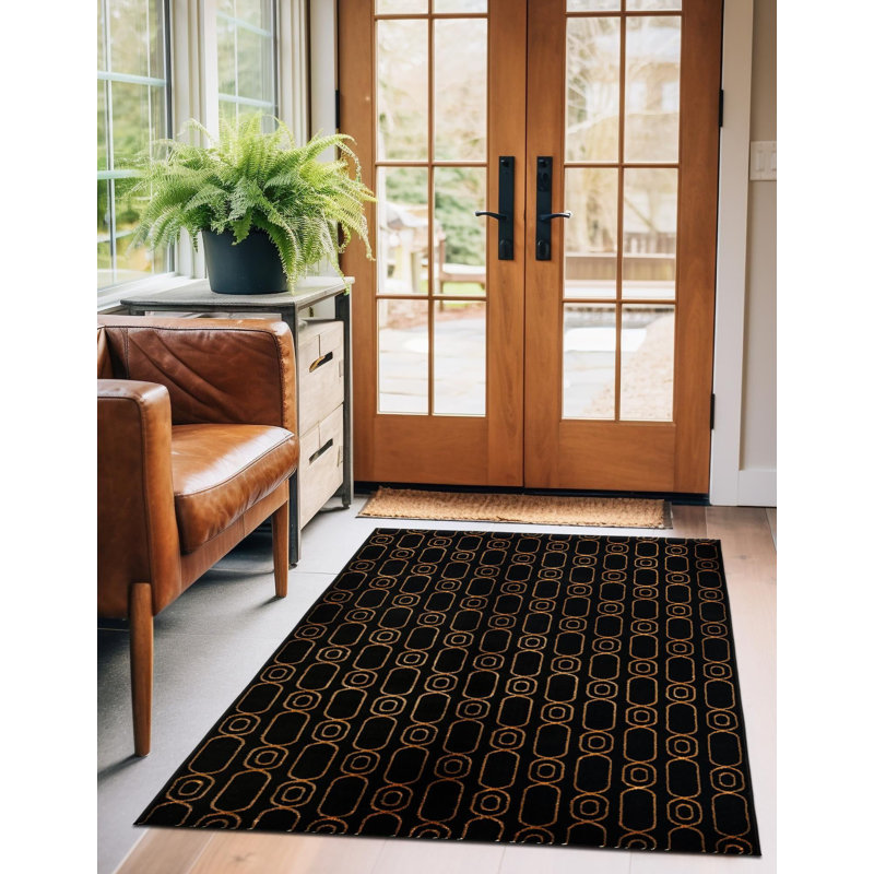 Tapis contemporain noir et doré Vincente, Rectangle 2 pi x 3 pi 1 po