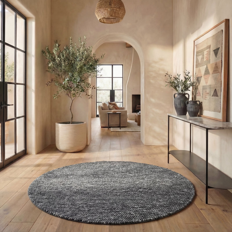 Tapis gris foncé fait à la main Elle, Rond 6 pi