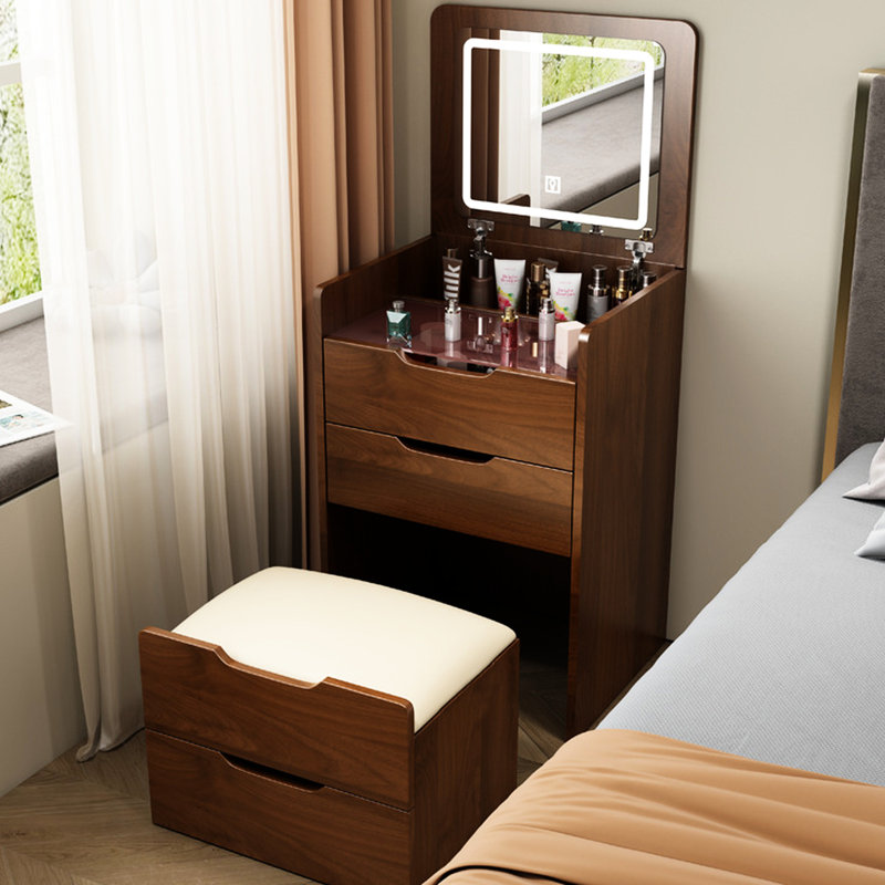 Bureau de coiffeuse 3-en-1 avec miroir éclairé et tabouret, coiffeuse compacte, finition noyer | Idée de cadeau, Brun