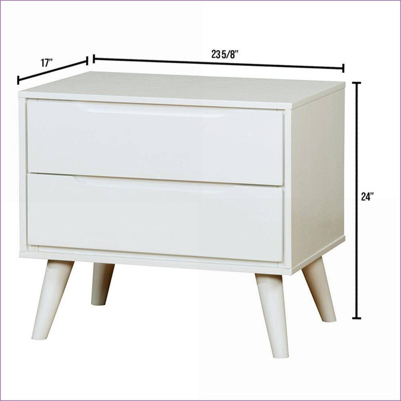 Table de chevet 2 tiroirs blanche Mid-Century avec pieds en bois massif