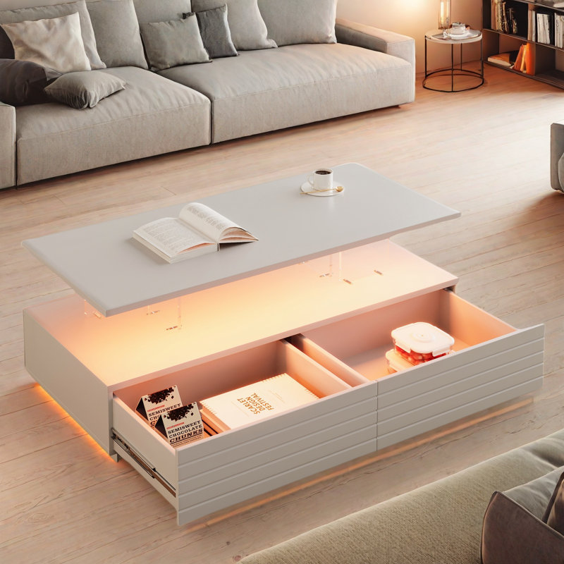 Modern Rectangular Coffee Table With Led Lights, 2 Drawers And Open Storage Shelf, White