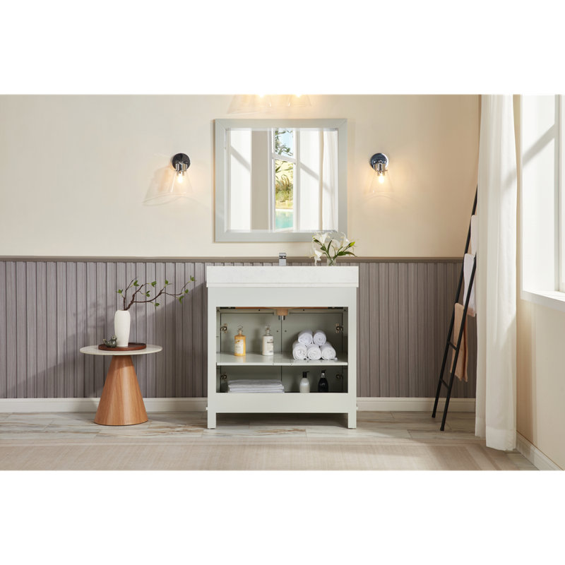 36" Solid Wood Sink Vanity With 1' Artificial Stone Top, Polished Chrome, Silver Strand