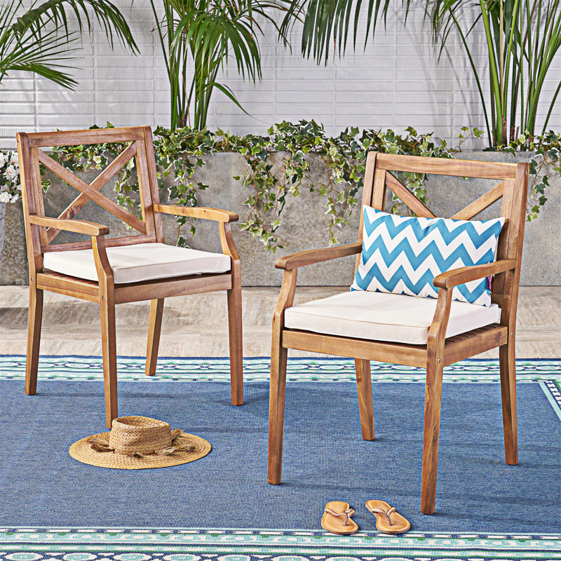 Ensemble de 2 chaises de salle à manger avec coussins, Crème, Teck