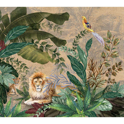 Papier peint luxueux jungle safari, lions et feuillage tropical