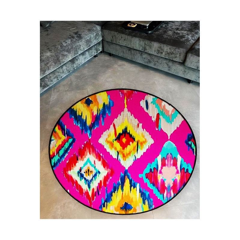 Tapis rond rond multicolore à motifs tissés lavables à la machine, Sous-tapis rond 3 pi 3 po inclus