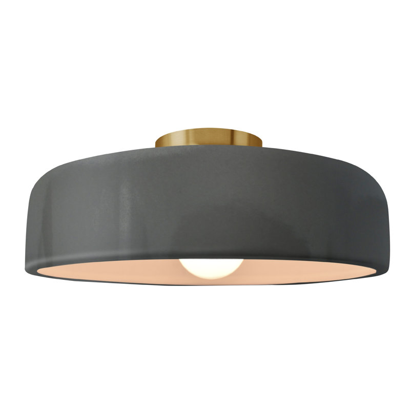 Plafonnier semi-encastré en céramique Dottie, Gris brillant, Laiton brossé, H 6,5 po x l 16 po x P 16 po