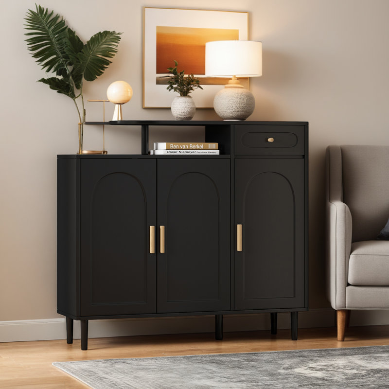 Buffet de style Style avec tablettes réglables et pieds en bois massif pour le vestibule, Noir, noir, noir, noir