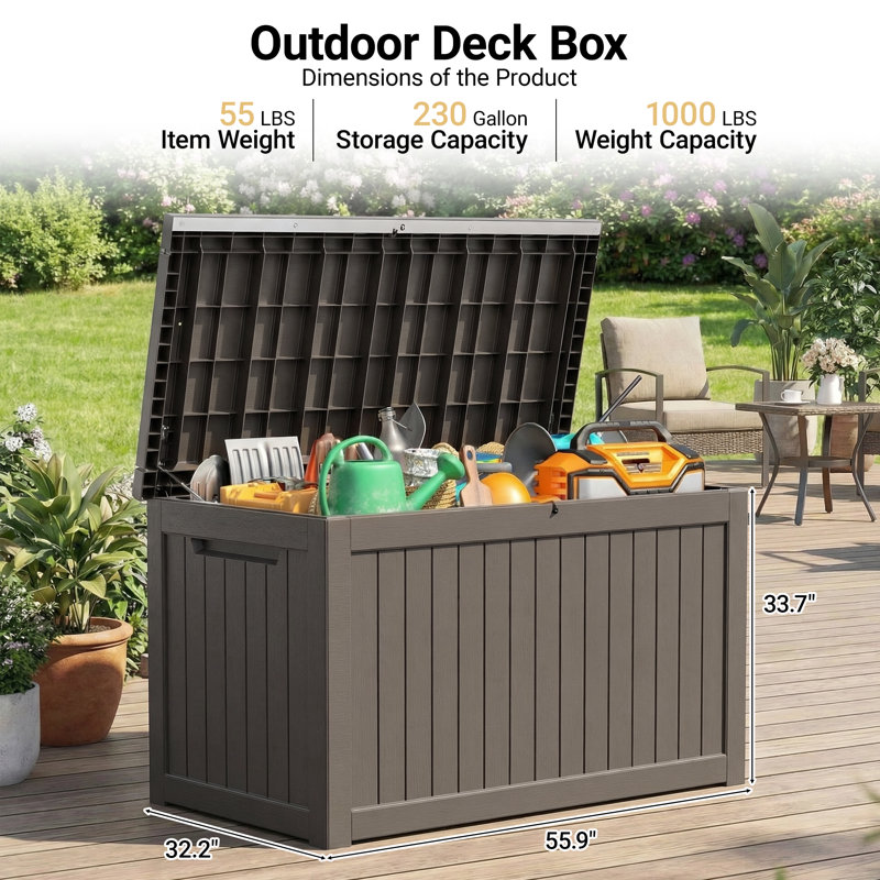 Coffre de terrasse en résine 230 gallons - Rangement extérieur verrouillable et imperméable, Gris