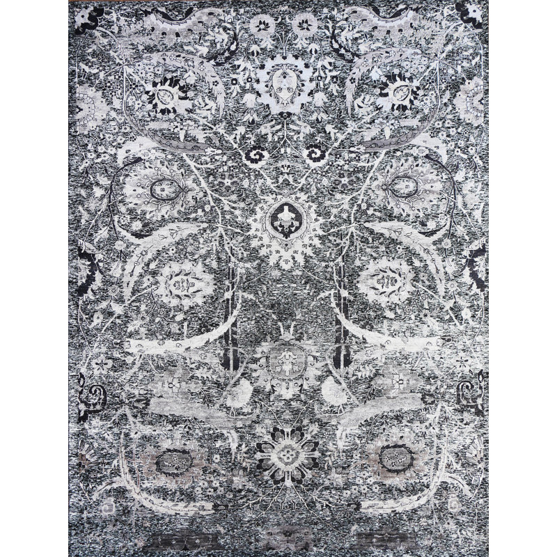 Hand Knotted Floral Area Rug in White/Gray, Rectangle 10' x 14'