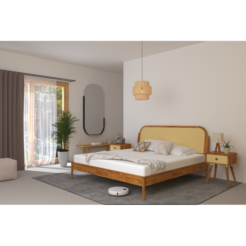 Beiro Solid Wood Rattan Platform Bed with Headboard, Bohemian and Mid-Century Bed Frame, Caramel, King
