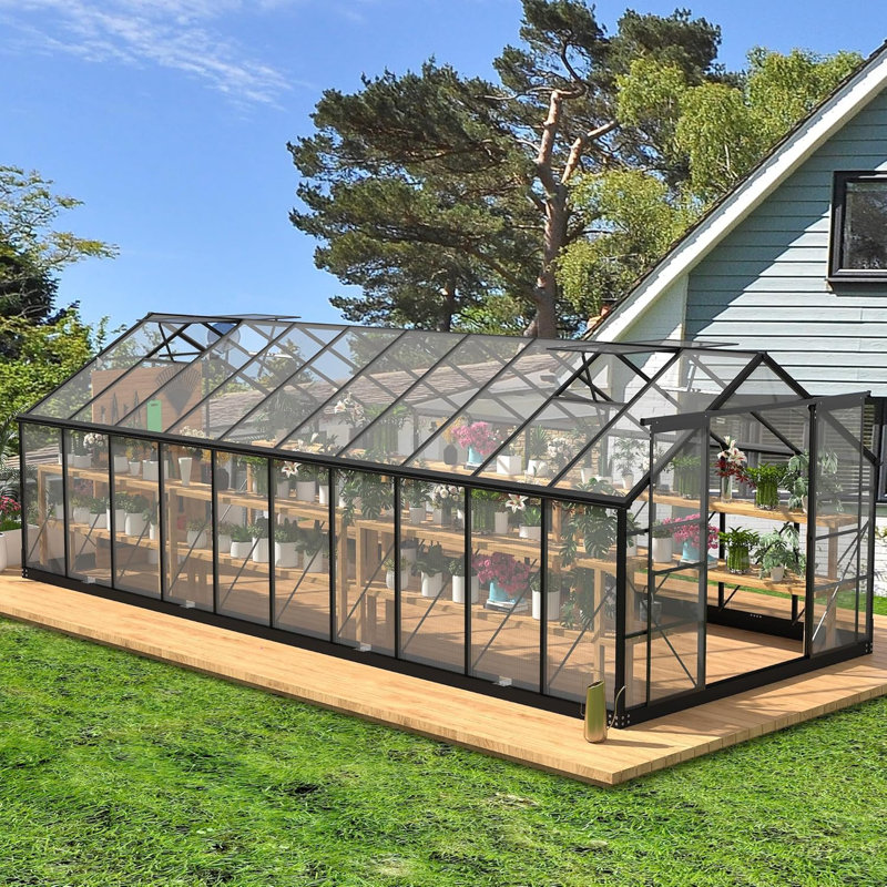 Greenhouses For Outdoors, Polycarbonate Greenhouses With Adjustable Roof Vent, Windproof, Walk-in Aluminum Frame Green Houses For Outside With Sliding Doors, Garden