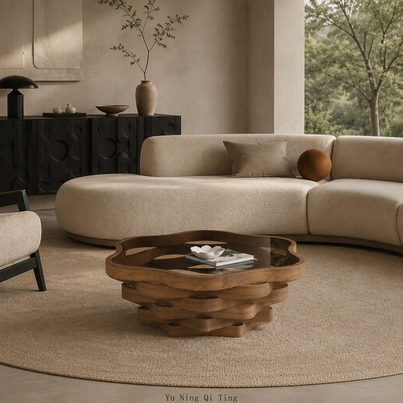 Table basse irrégulière en forme de nuage de 91,5 cm (36,02 pouces) avec plateau en verre trempé et piètement en MDF multicouche ondulé