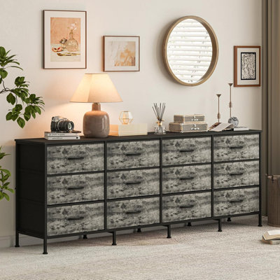 70 Inch Media Dresser TV Stand Fits Up to 80 Inch TV, 12 Fabric Drawer Entertainment Console with Built-In Charging Station, Anti-Tip Storage Cabinet for Bedroom, Living Room & Entryway, Grey