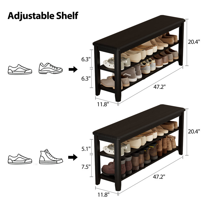 Addisin Aevah Solid Wood 2-Tier Shoe Bench, 47.24″ W, Black