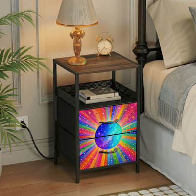 Table de chevet 2 tiroirs avec station de charge, table de chevet avec ports USB et amp; Outlets, tablette ouverte noire, table de chevet avec cadre circulaire abstrait arc-en-ciel éclatant et cosmique bleu