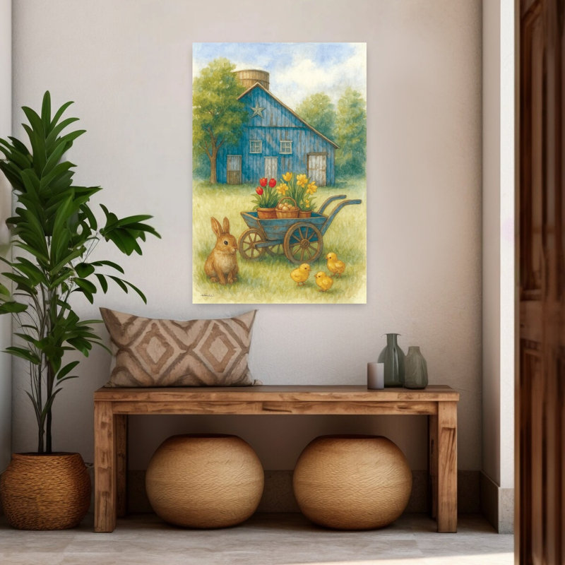 «The Bunny's Barnyard Abstract Contemporary Jonquille, lapin, tulipe, paysage, art naturel, H 48 po x l 32 po