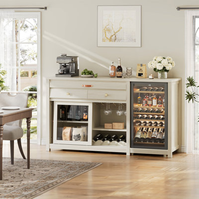 Extra Large Coffee Bar Cabinet With Fridge Space & Power Outlet, Mini Fridge Cabinet With Bar Tray & 2 Drawers & Sliding Door, Buffet Sideboard With Wine Rack & Glass Holder & Adjustable Shelves, White