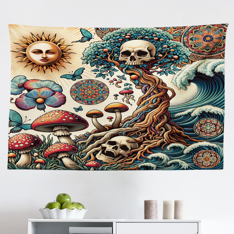 Bungalow Rose Occult Art Wall Hanging Tapestry Mystic Forest Arcane Persian Orange and Dark Teal, H 23 po x l 28 po