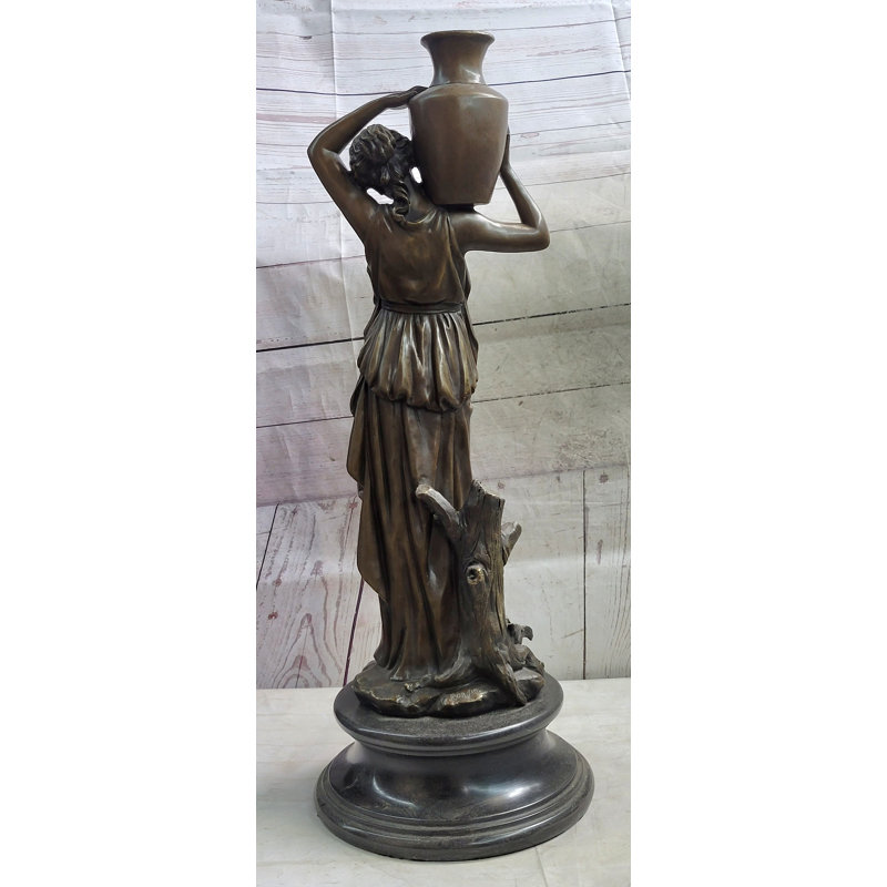 Bronze Greek Roman Woman Carrying Jug Statue with Marble Base